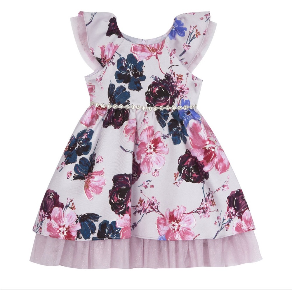 Toddler Girls Floral Dress with Mesh Ruffle Hem